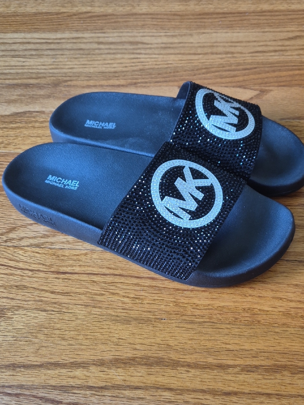 MICHAEL Michael Kors Black Crystal MK Logo Slide Sandals, Size 8 NWOB